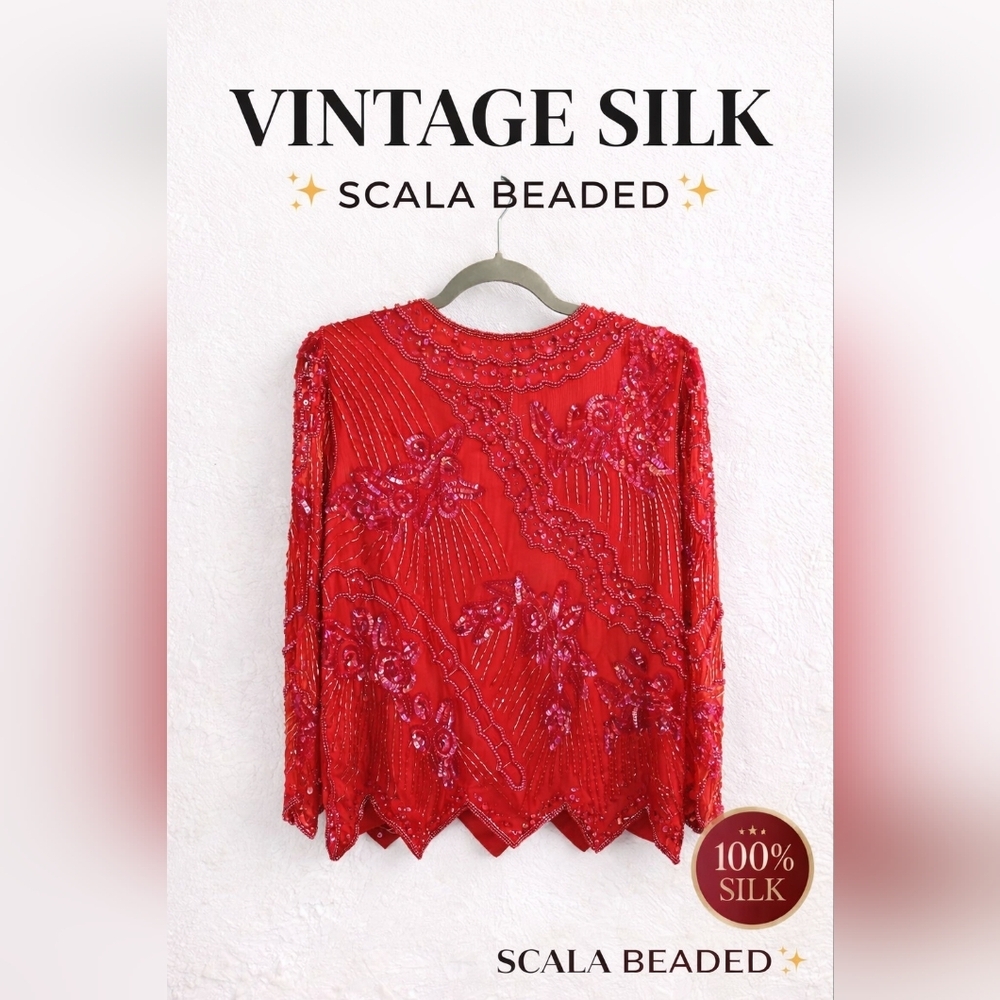 Vintage SCALA Red Silk Beaded Top Sequin Blouse Party Holiday Size M